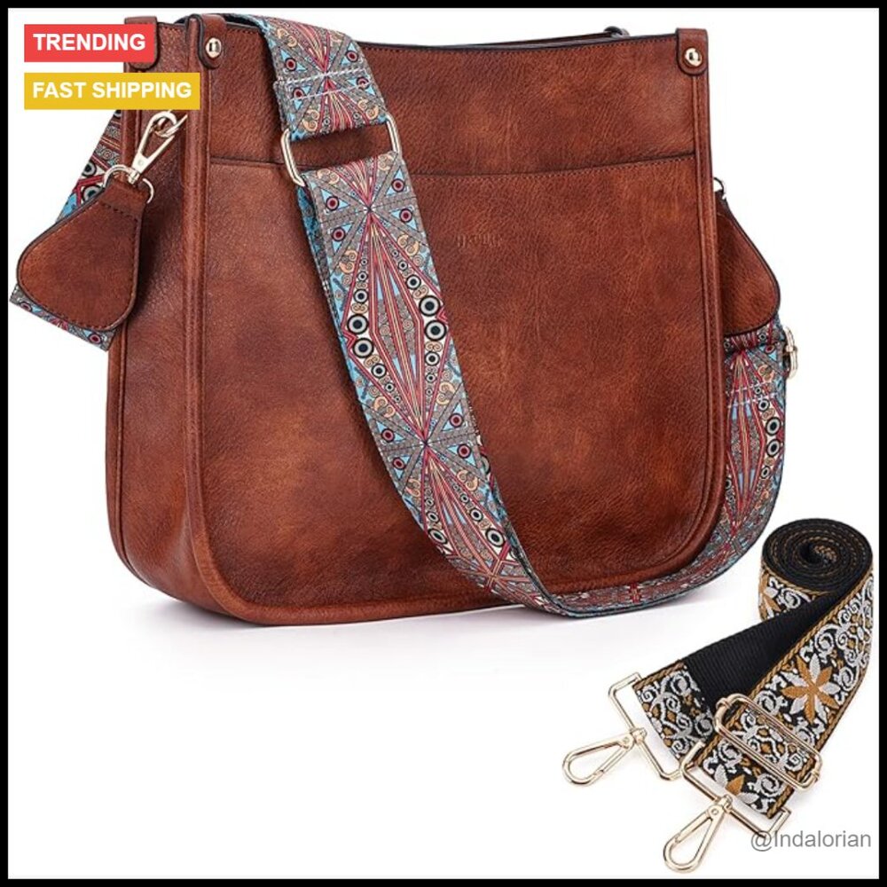 Trendy Vegan Leather Hobo Crossbody Bag With Adjustable Guitar Strap Retro Style